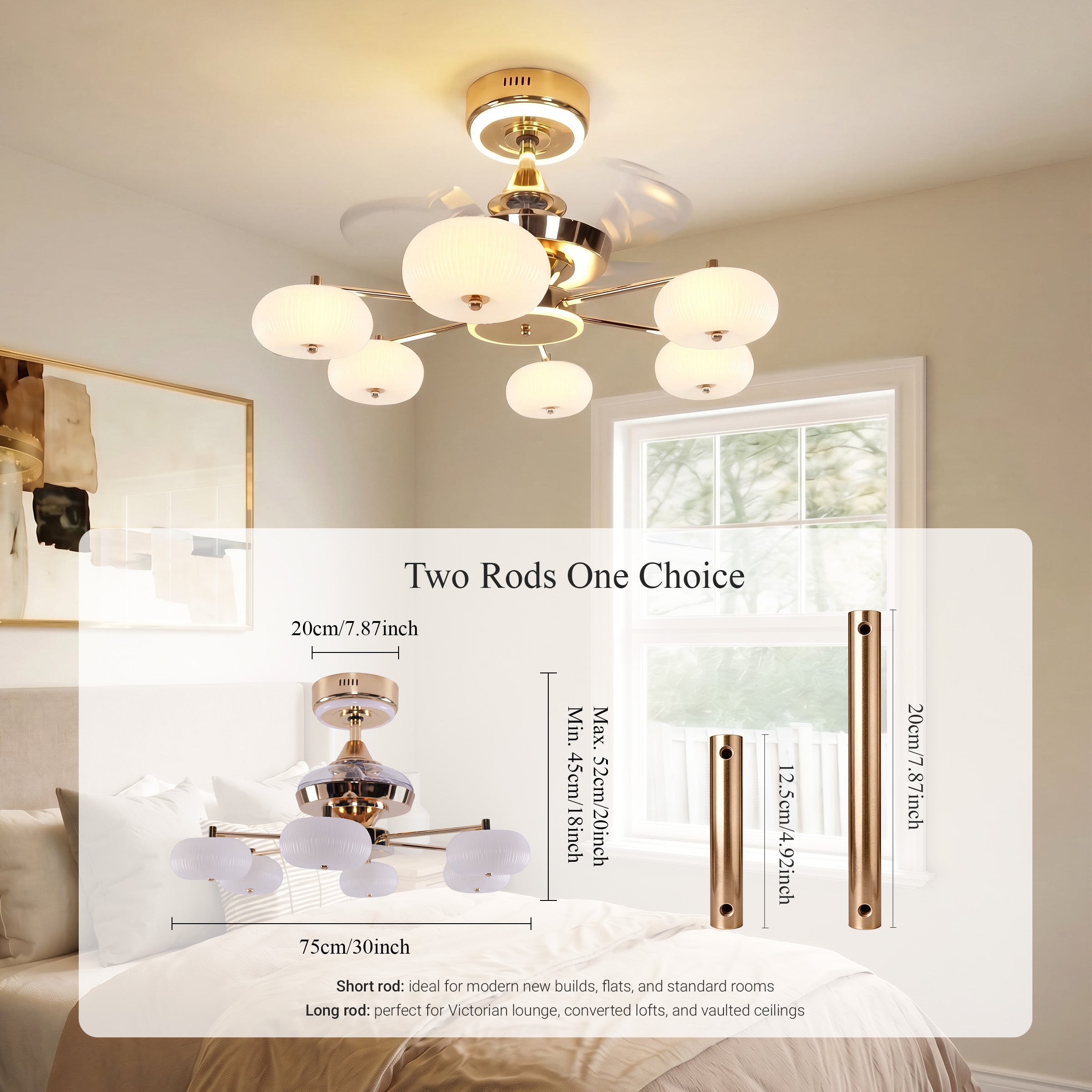 Ceiling Fan Light with 6-Speed Control in Copper and Acrylic