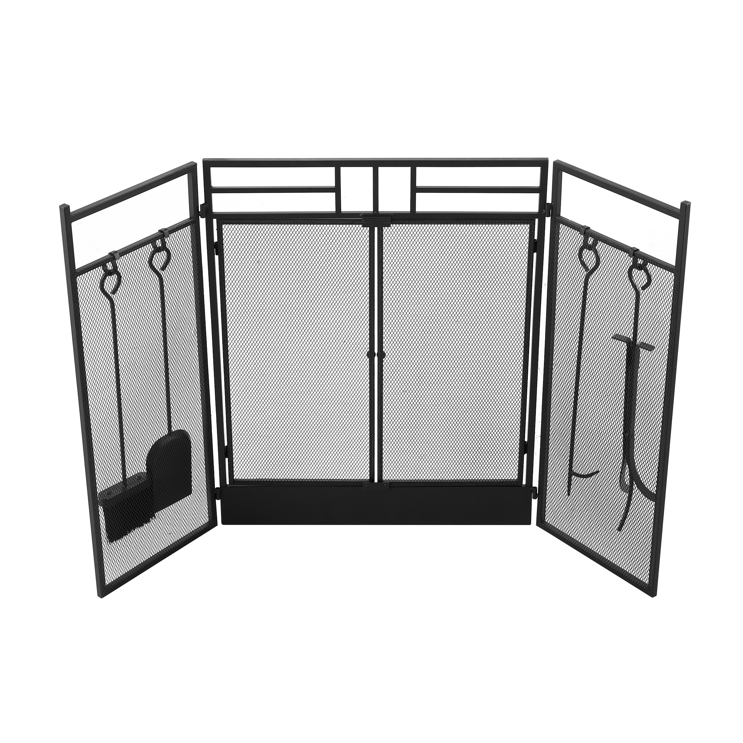 Smallbee Iron Fireplace Screen with 4-Piece Tool Set Black Powder Coated – 122x1.3x80cm
