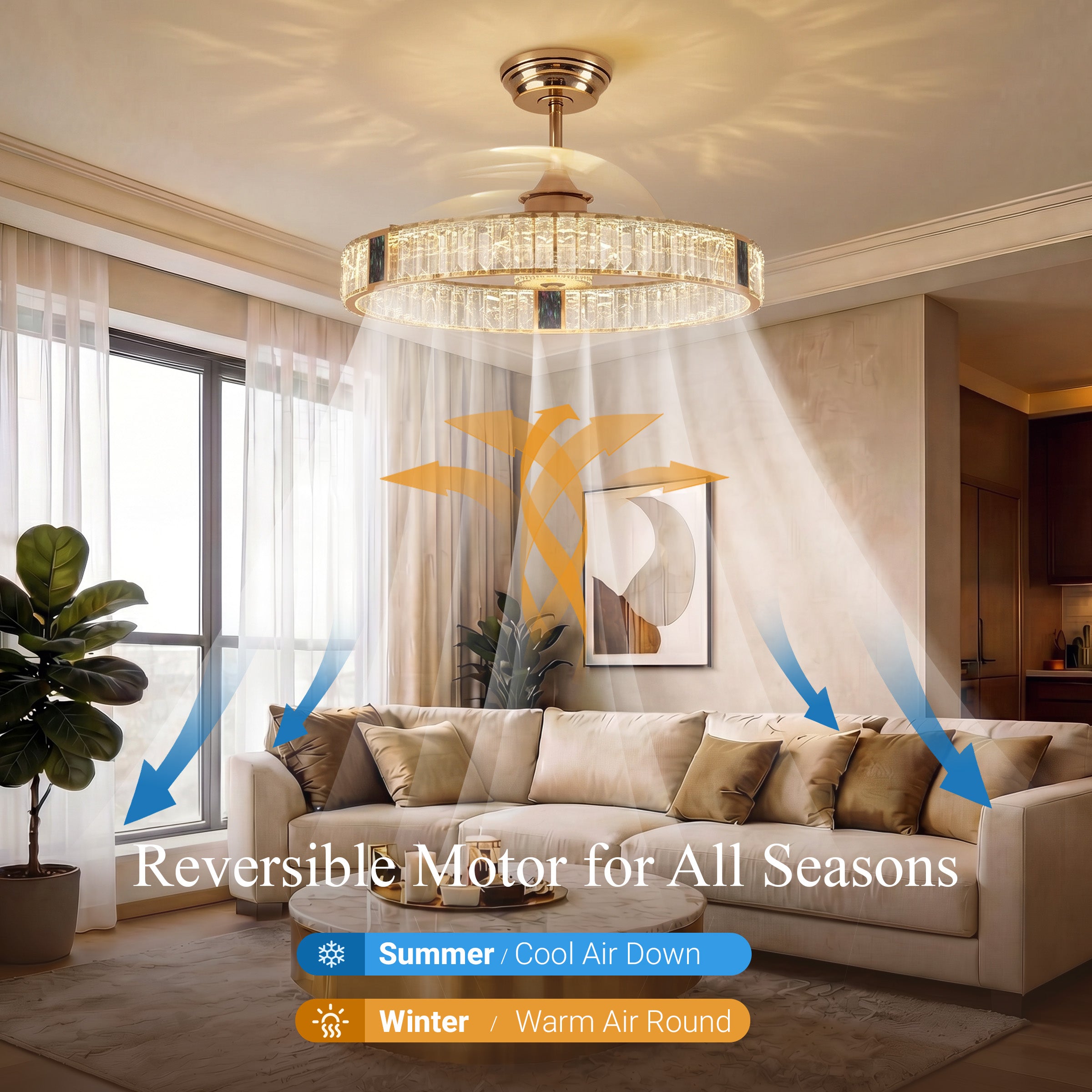 Gold LED ceiling fan light with crystal accents for elegant room lighting