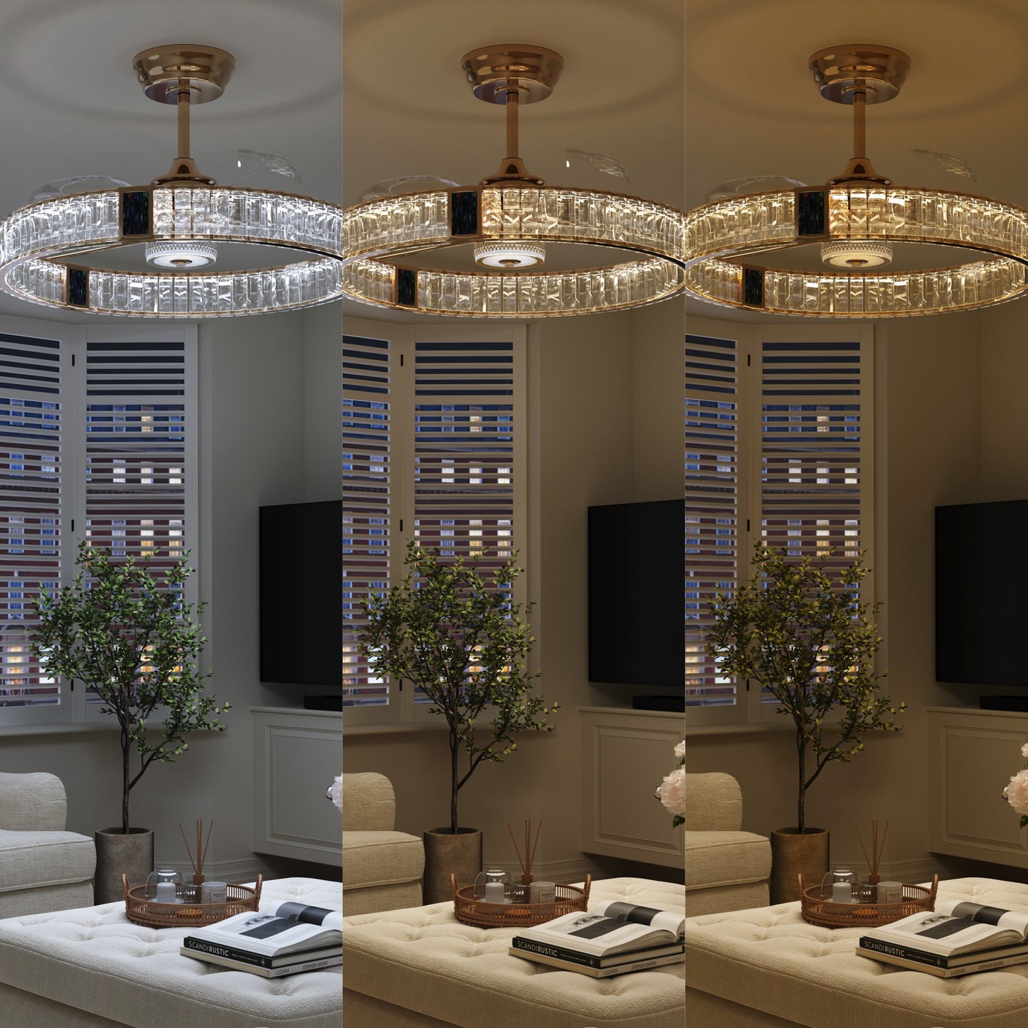 Gold crystal ceiling fan light with reversible airflow and 6 speeds