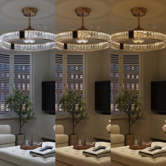 Gold crystal ceiling fan light with reversible airflow and 6 speeds