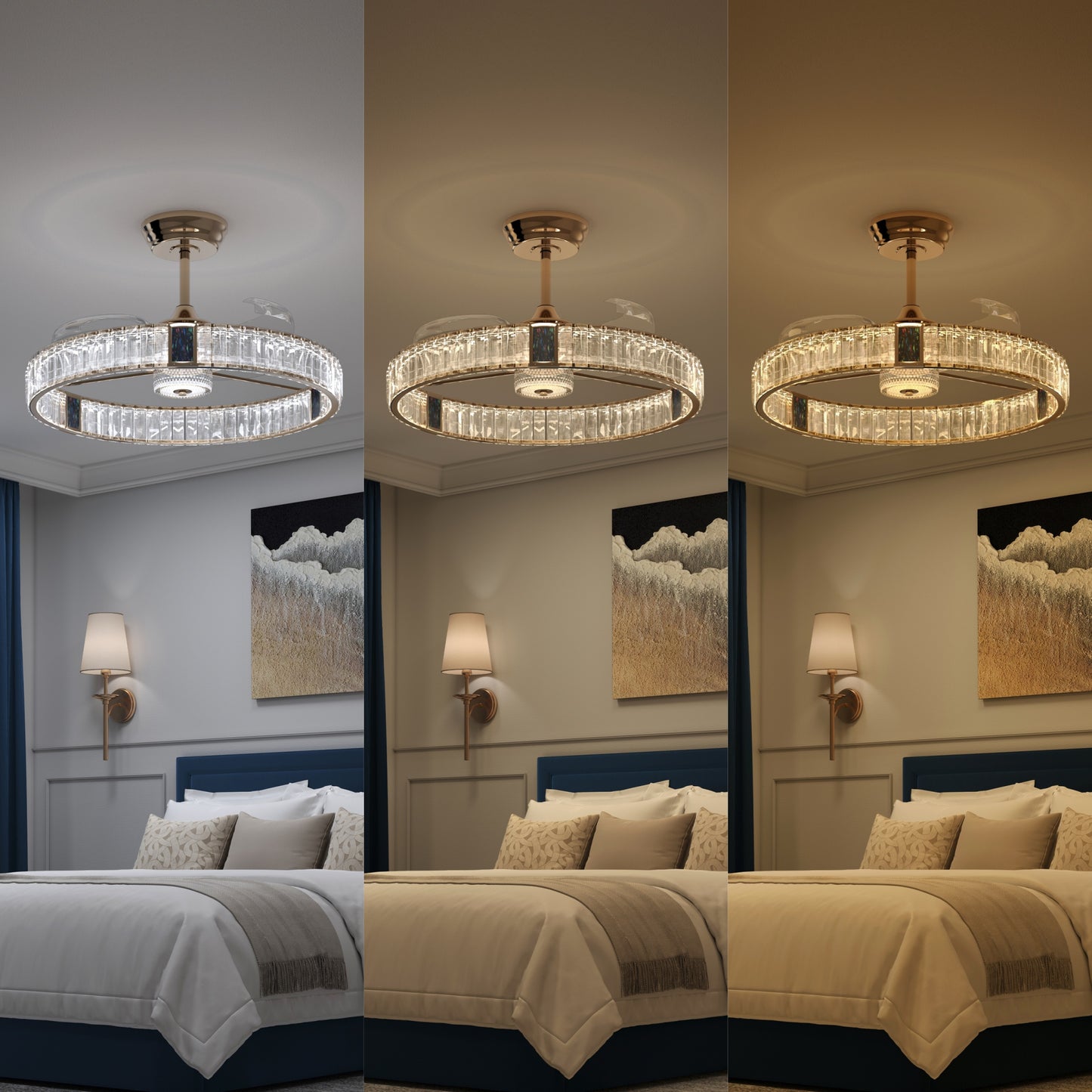 Reversible gold ceiling fan with light for summer and winter airflow