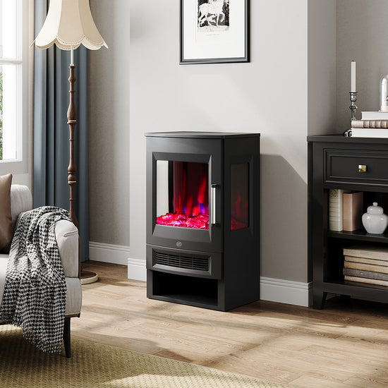 Smallbee 3-Sided Freestanding Electric Fireplace with Remote Control – Black, 900/1800W, Adjustable LED Flame & Temperature