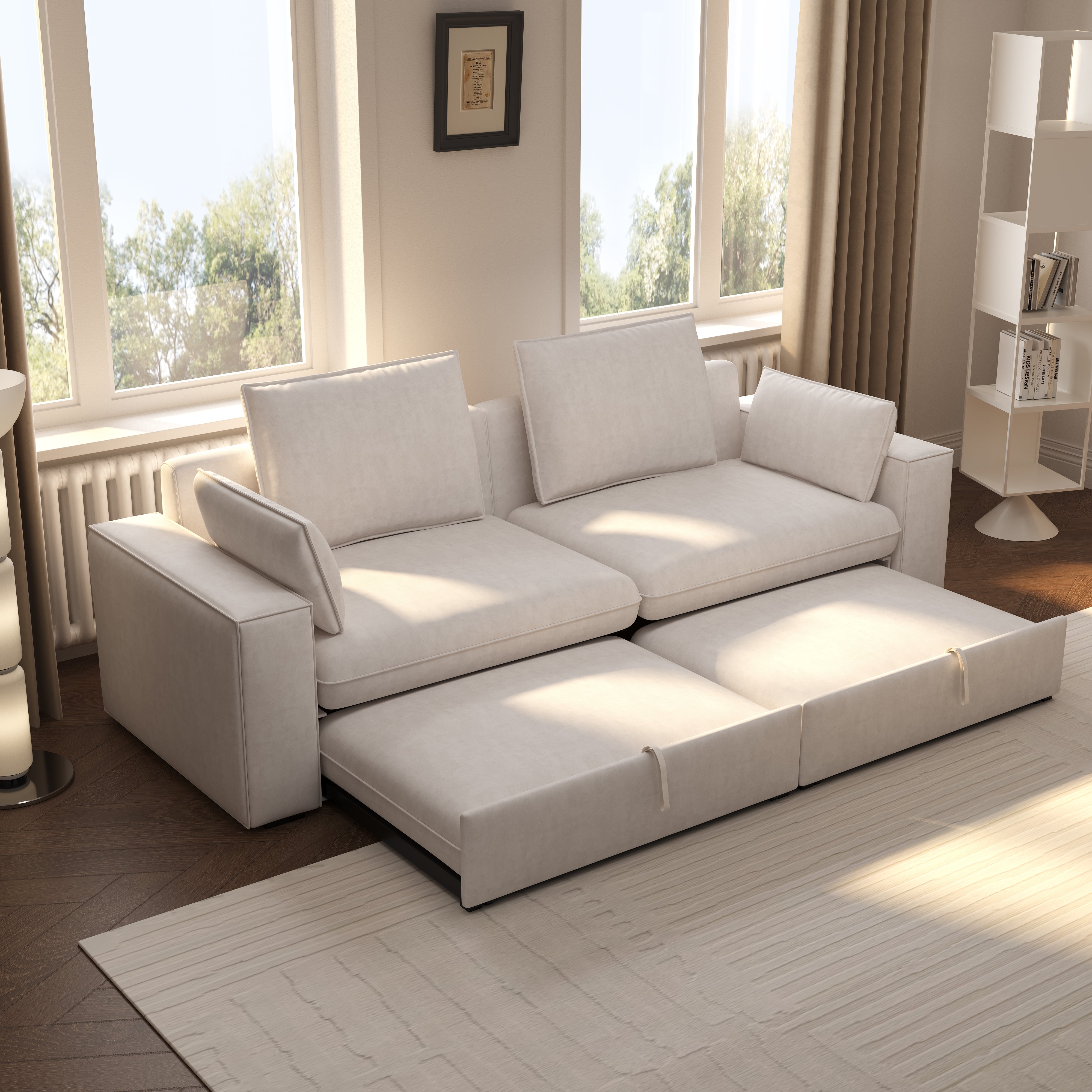 Cottonfy Creamy Tofu Block Pullout Sofa Bed with Storage
