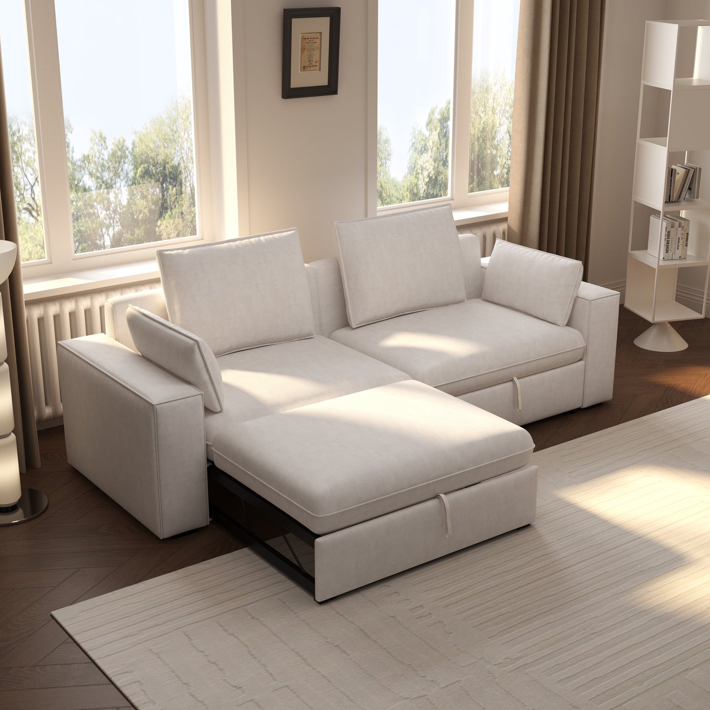 Cottonfy Creamy Tofu Block Pullout Sofa Bed with Storage