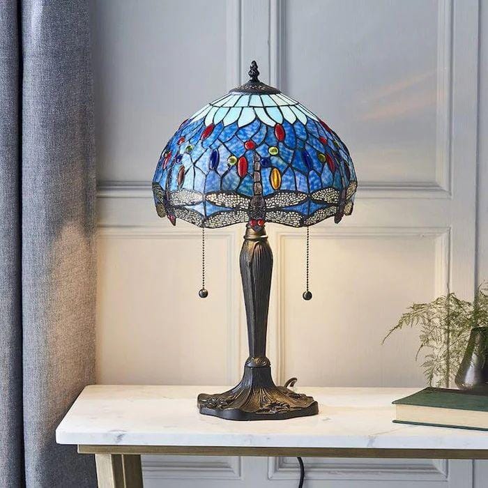 Lightin Tiffany Table Lamp | Handcrafted Stained Glass Dragonfly Series Lightsin UK 12inch Blue 