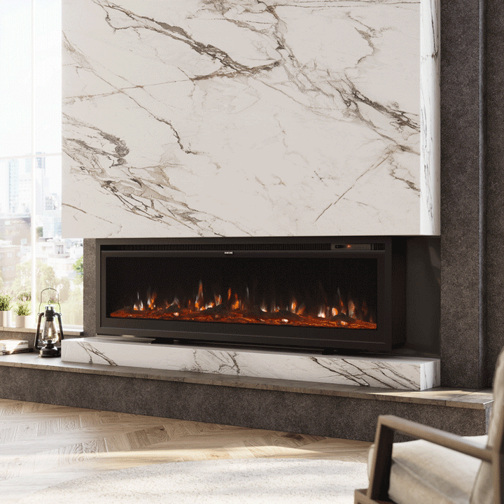 Wall-mounted electric fireplace with realistic orange flames, framed by a luxurious marble surround, set in a modern living room with large windows and natural light.