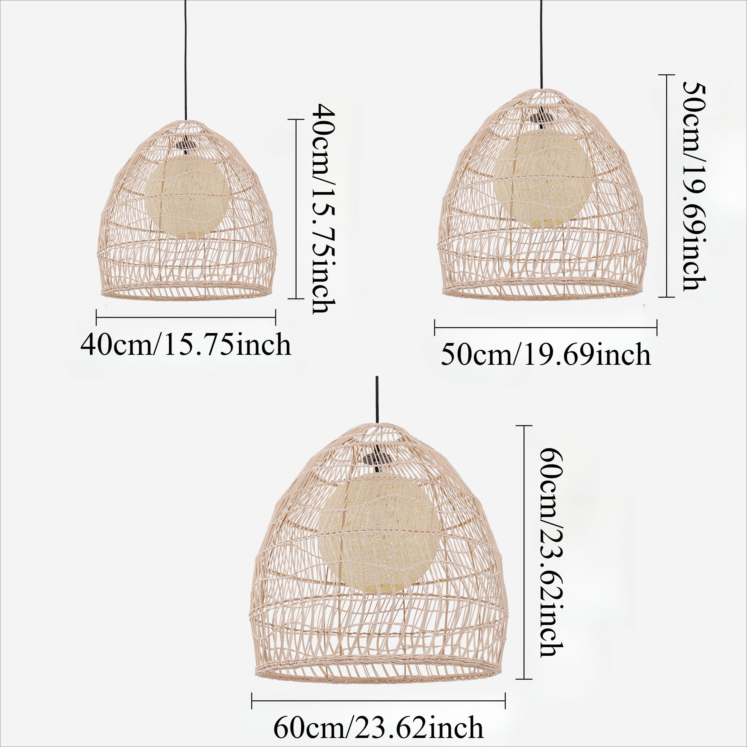 40cm, 50cm and 60cm rattan pendant light size guide with inner sphere