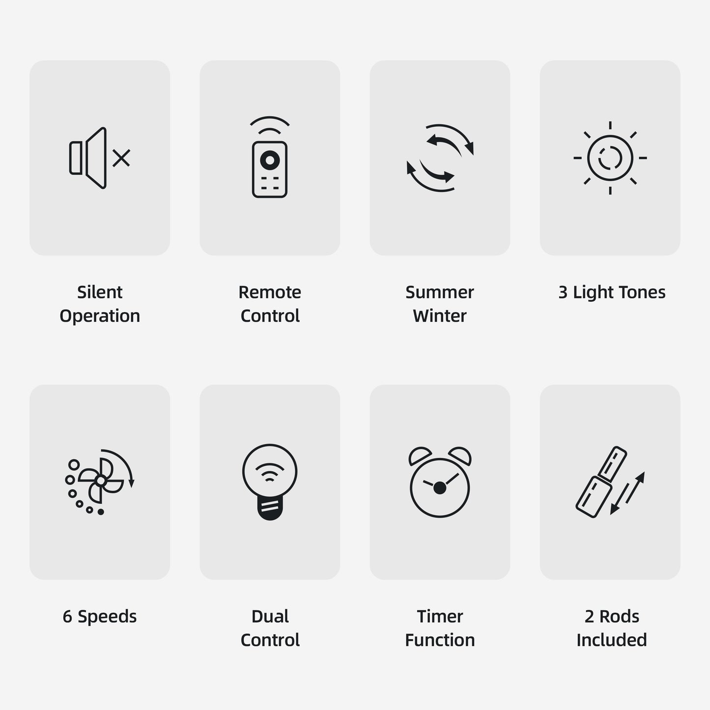 Feature icons for quiet walnut effect LED ceiling fan light with remote control