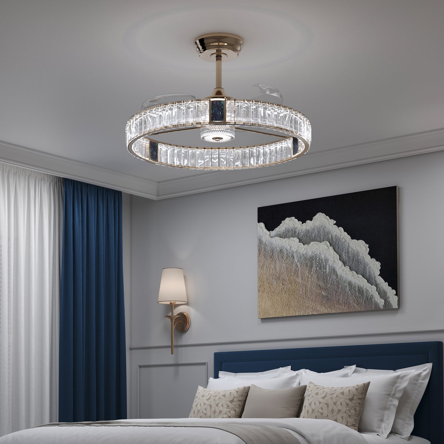 Decorative gold crystal ceiling fan light with chandelier-style detail