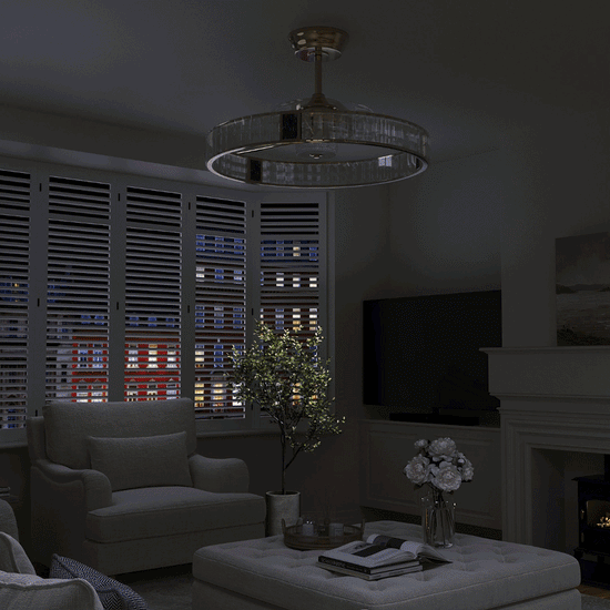 Gold crystal ceiling fan light showing remote-controlled fan and lighting functions