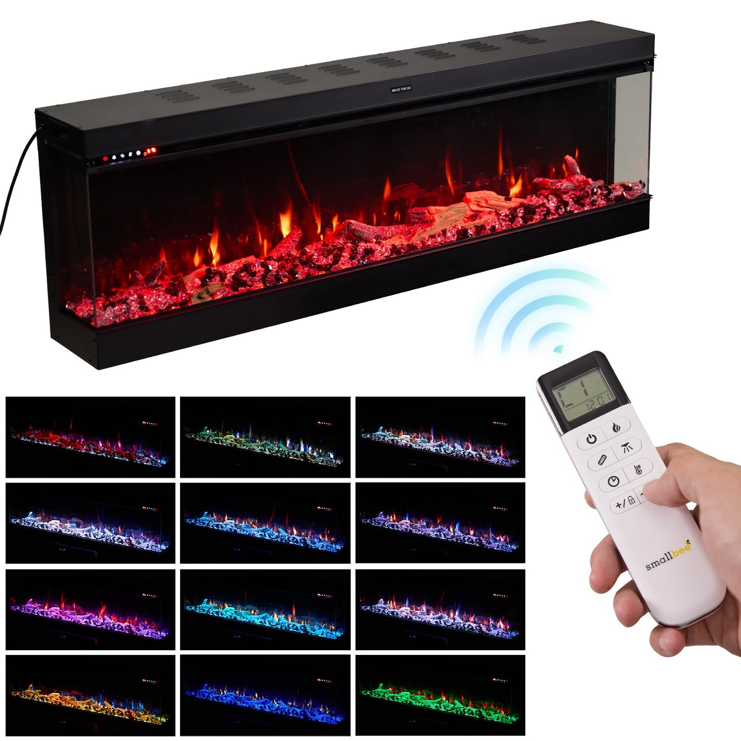 Smallbee 50/60/70/80inch 3-sided Electric Fireplace with Adjustable Color, Temperature and Timing, Controlled by APP