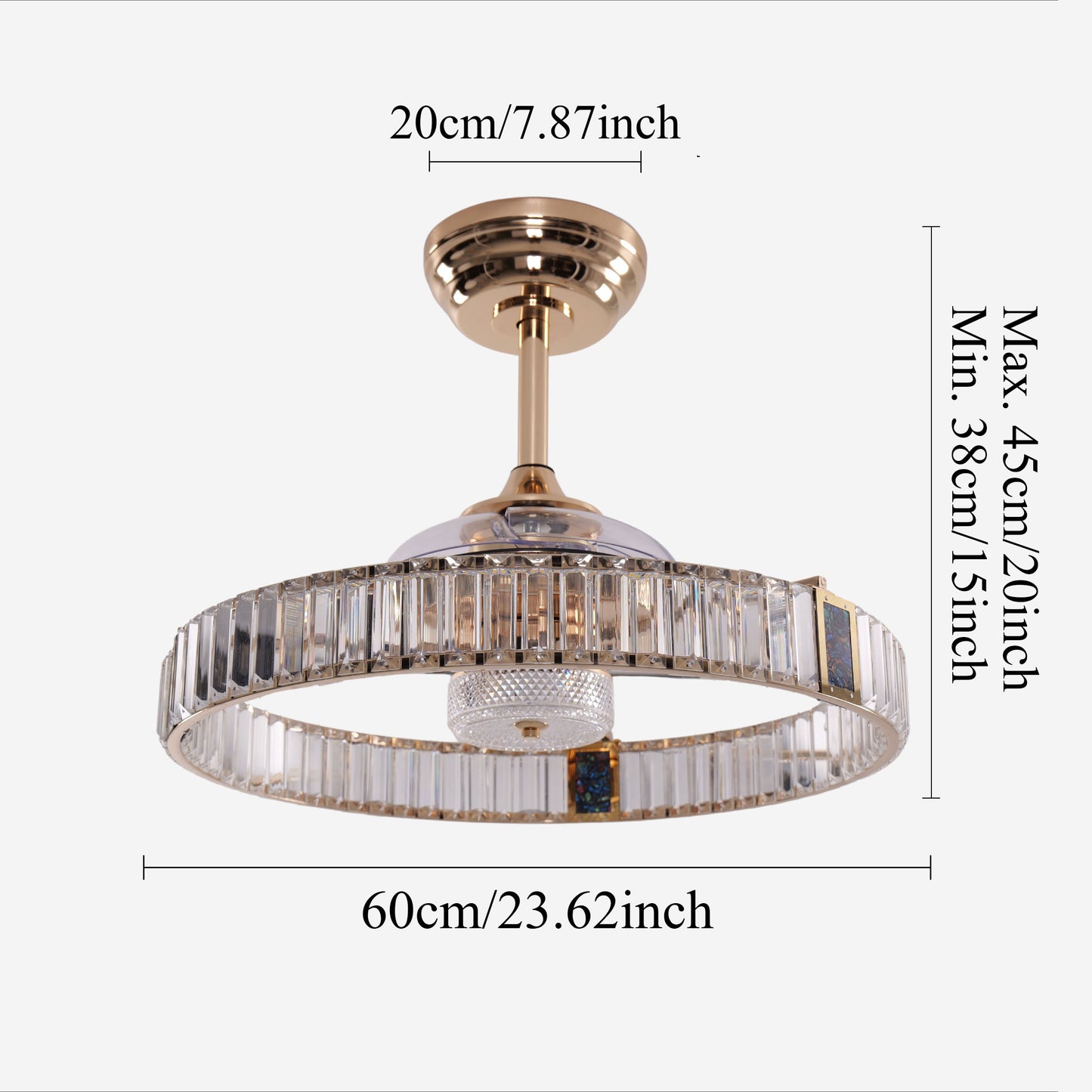 Quiet gold crystal ceiling fan with LED light and remote for modern UK homes